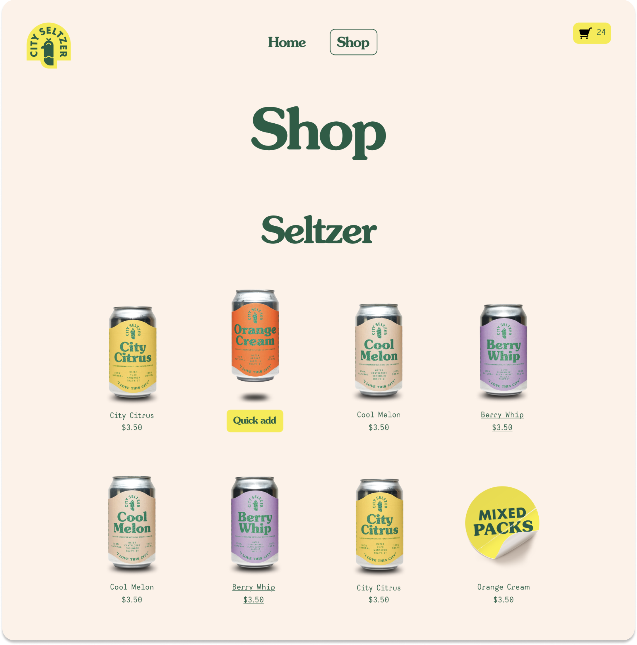 City Seltzer online shop page