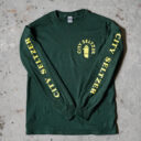 Green, long sleeved t-shirt with yellow City Seltzer branding. 