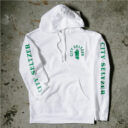 White hoodie with green City Seltzer branding. 