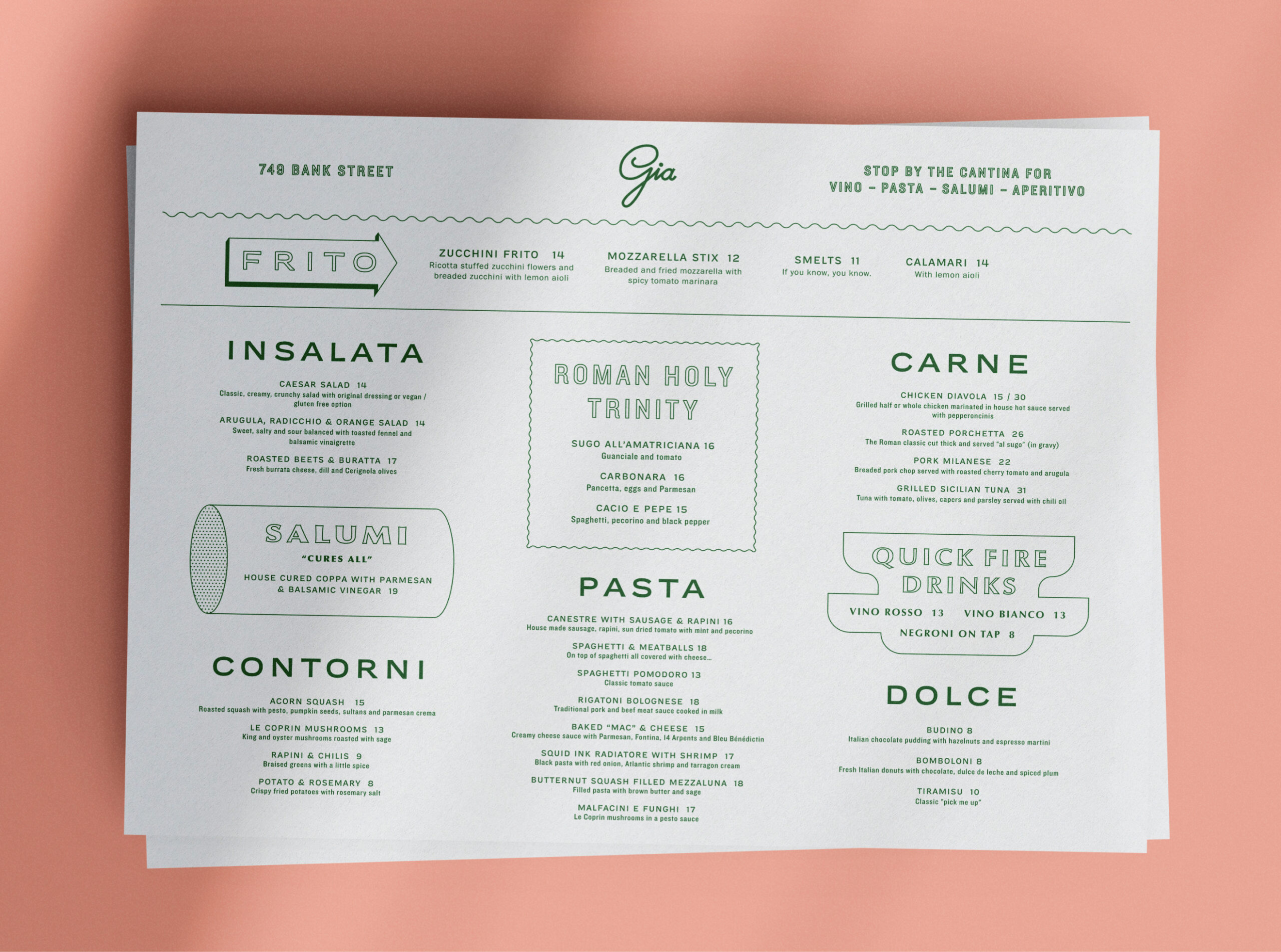 Promo image: Gia Catina placemat style menu. 