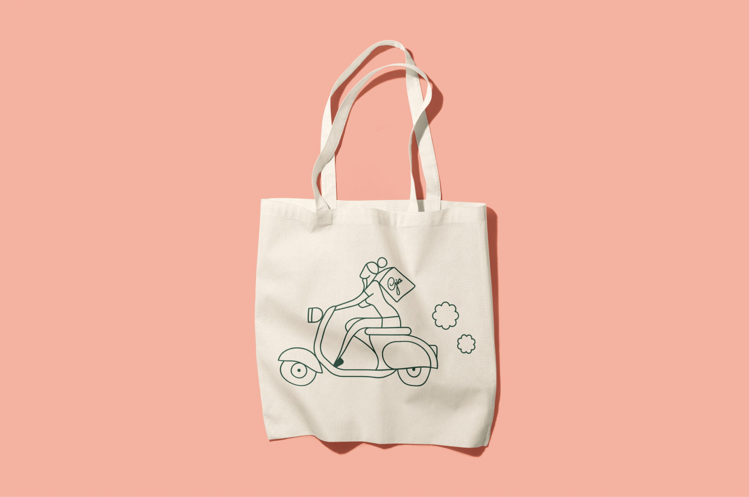 Gia Cantina branded tote bag featuring the outline of a woman on a vespa with a Gia tote. 